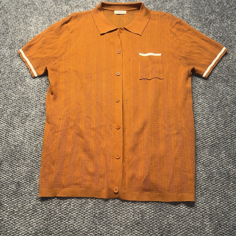 Burnt Orange Coofandy Mens Short Sleeve Shirt Button Up Knit Size L Pocket